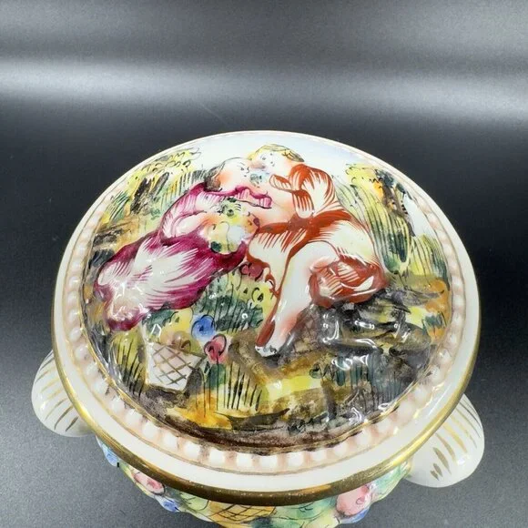 Vintage Capodimonte Italian Pottery Covered Dish Covered Bowl Dish Painted Italy